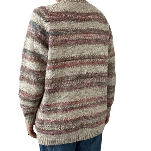 Hand Knit Womens Pastel 100% Wool Crew Neck Striped Hippie Rainbow Cardigan sz L - Picture 6 of 7
